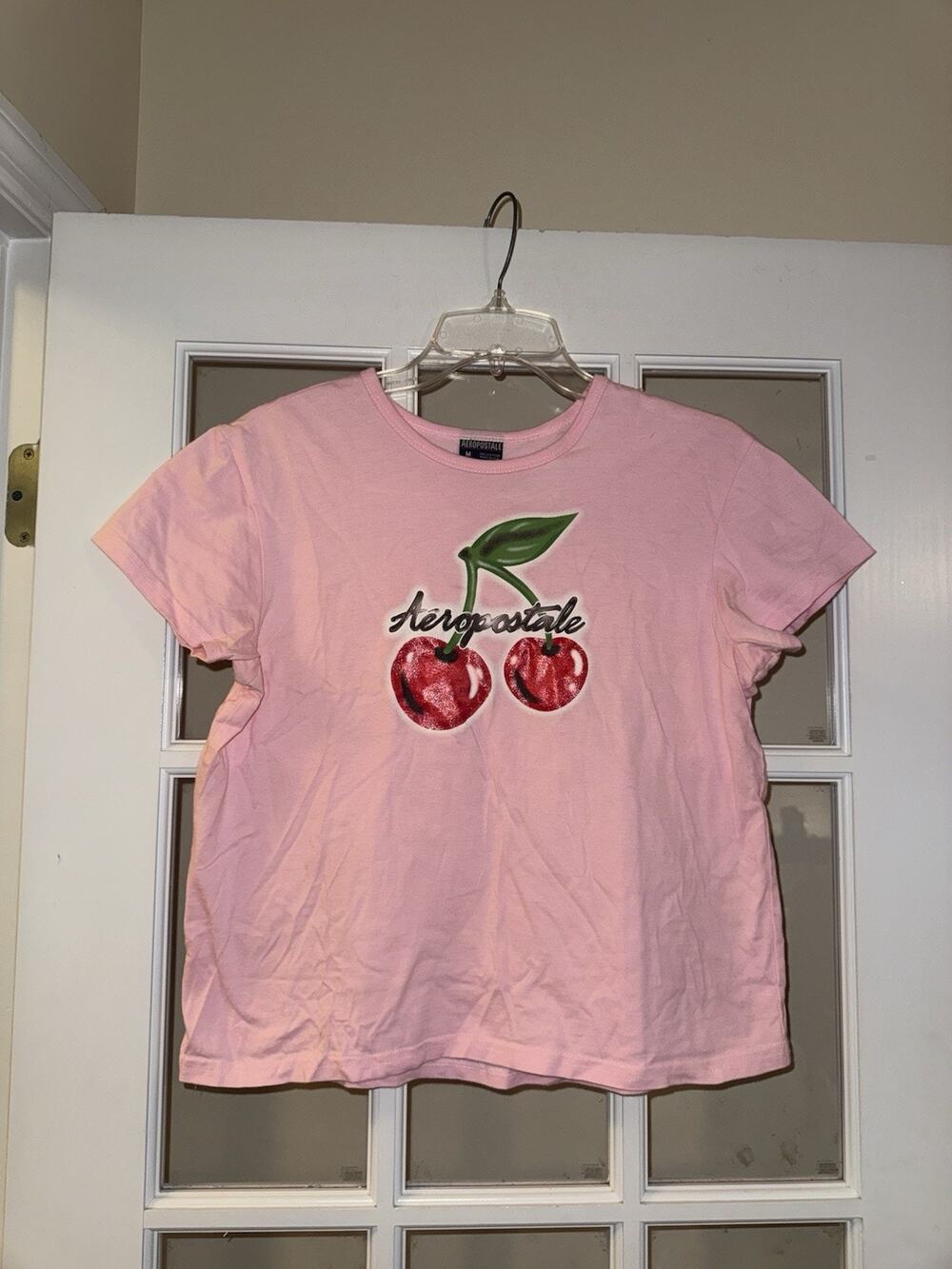 Vintage Y2K Aeropostale Baby Tee Pink Cherry Glitter Print MEDIUM USA MADE